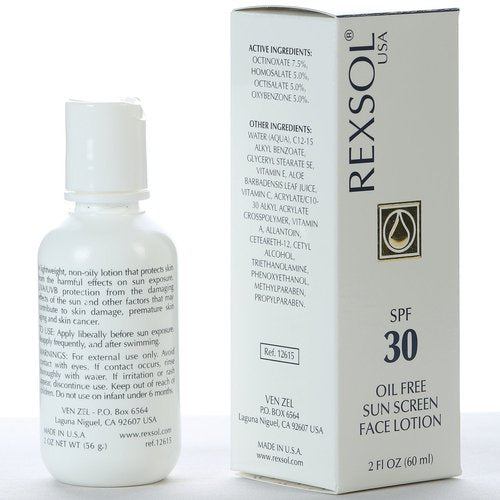 REXSOL SPF 30 Oil-Free Sunscreen Face Lotion - Broad Spectrum UVA/UVB Protection with Vitamins C, E, A | 60 ml / 2 fl oz