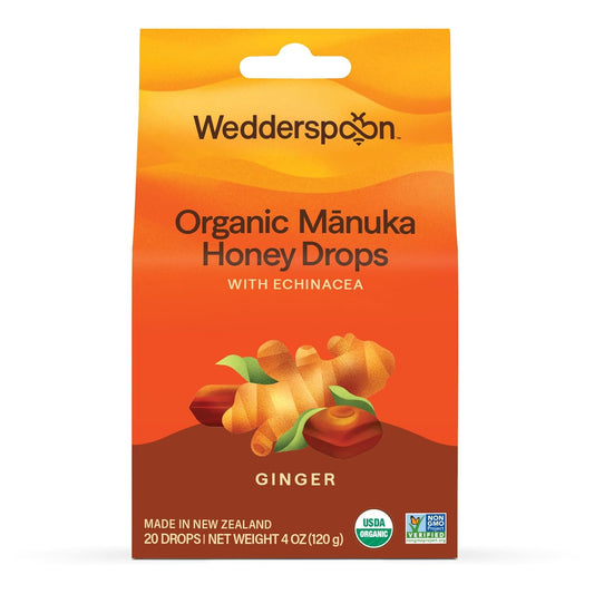 Wedderspoon Organic Manuka Honey Drops - Ginger & Echinacea, 20 Count | USDA Organic Natural Remedy