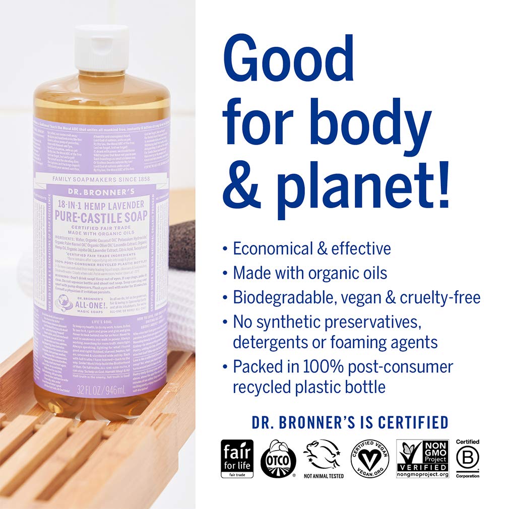 Dr. Bronner's - Pure-Castile Liquid Soap (Lavender, 16 ounce) - Made with Organic Oils, 18-in-1 Uses: Face, Body, Hair, Laundry, Pets & Dishes, Concentrated, Vegan, Non-GMO