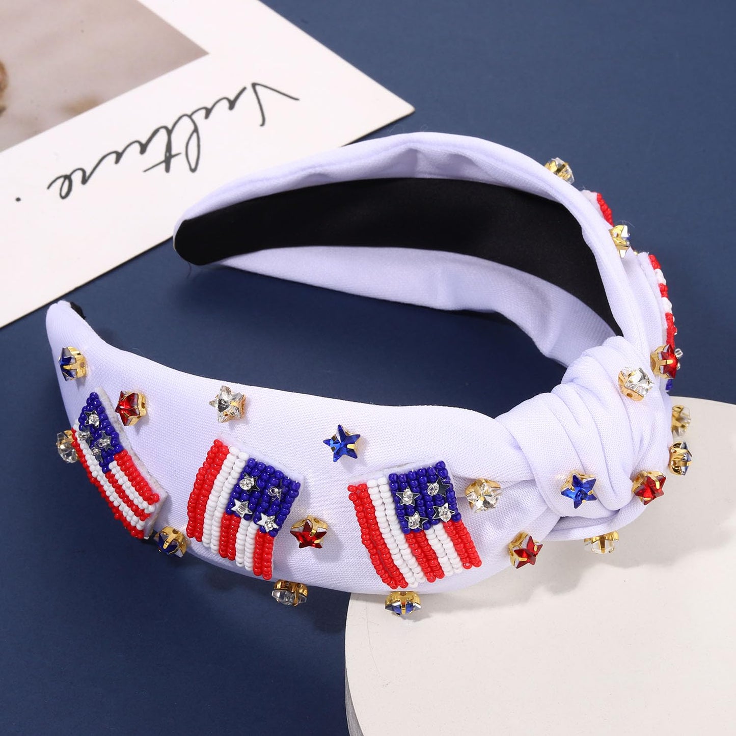 mokkia Patriotic Headband - Knotted Red White and Blue Rhinestone Crystal Top Knot Headband for Women, Party Favors (American Flag A)