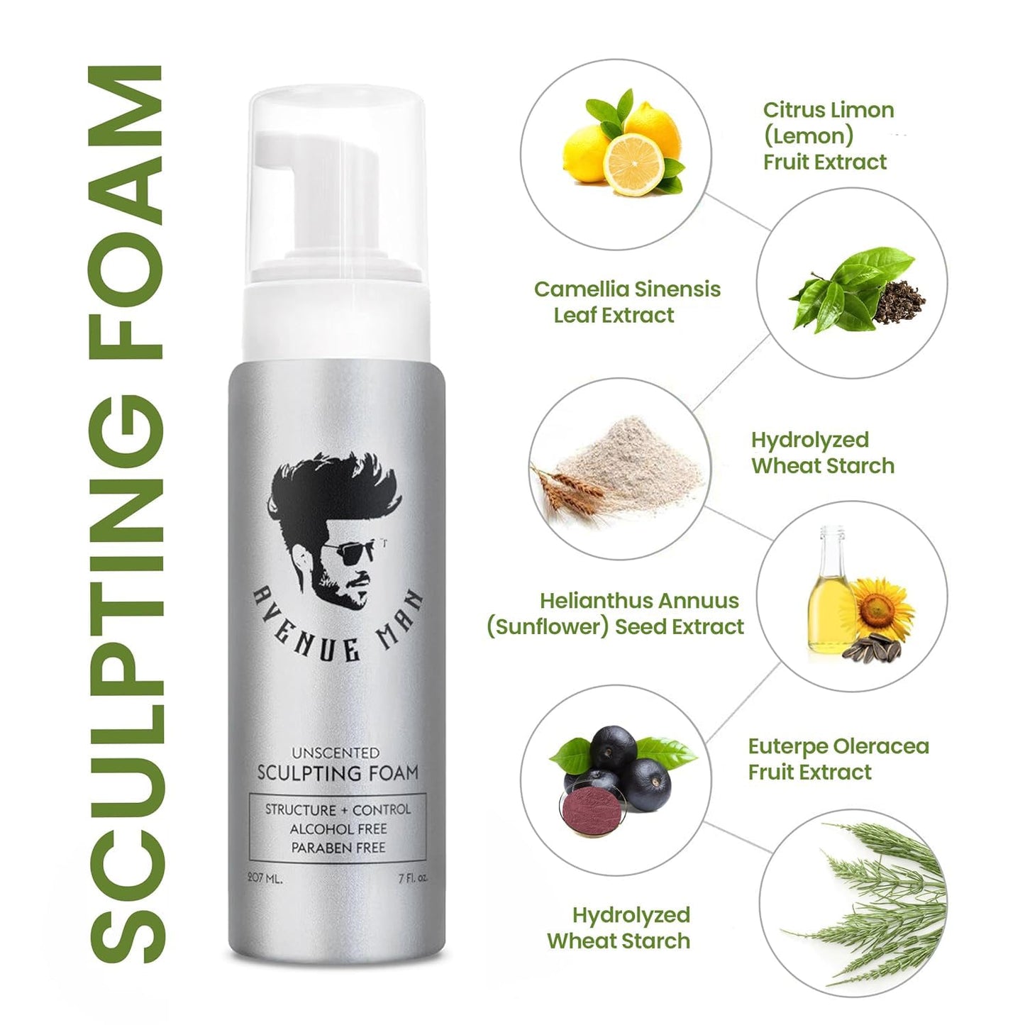 Avenue Man Sculpting Foam - 7 Oz Frizz Control & Firm Hold Hair Mousse for Men | No Crunch, Clean Texture