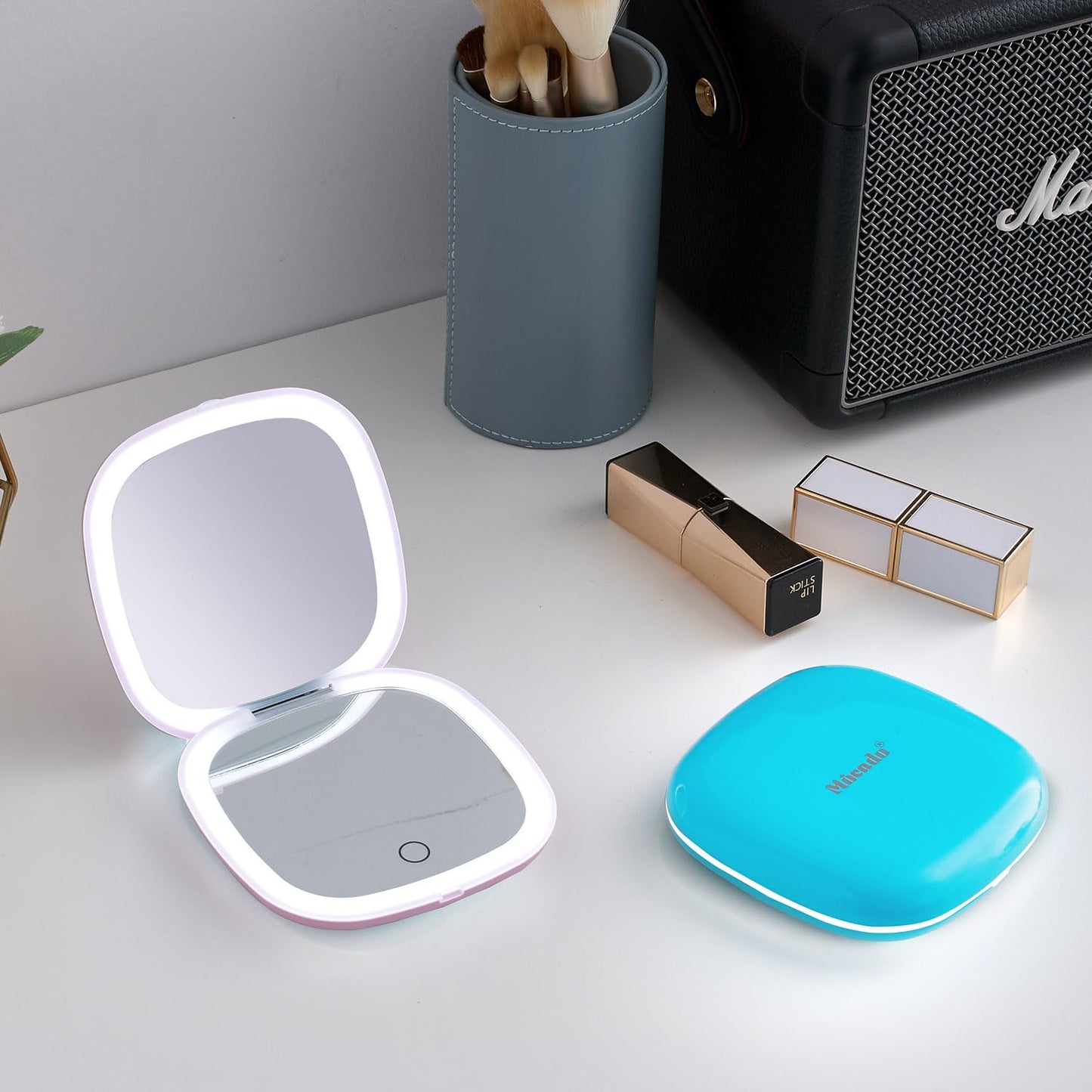 Mocado Compact LED Travel Makeup Mirror - 4 Inches 1X/10X Magnification Travel Mirror with Light Dimmable Double Sides Lighted USB Rechargeable Compact Mirror for Purse,Pocket,Travel(Blue)