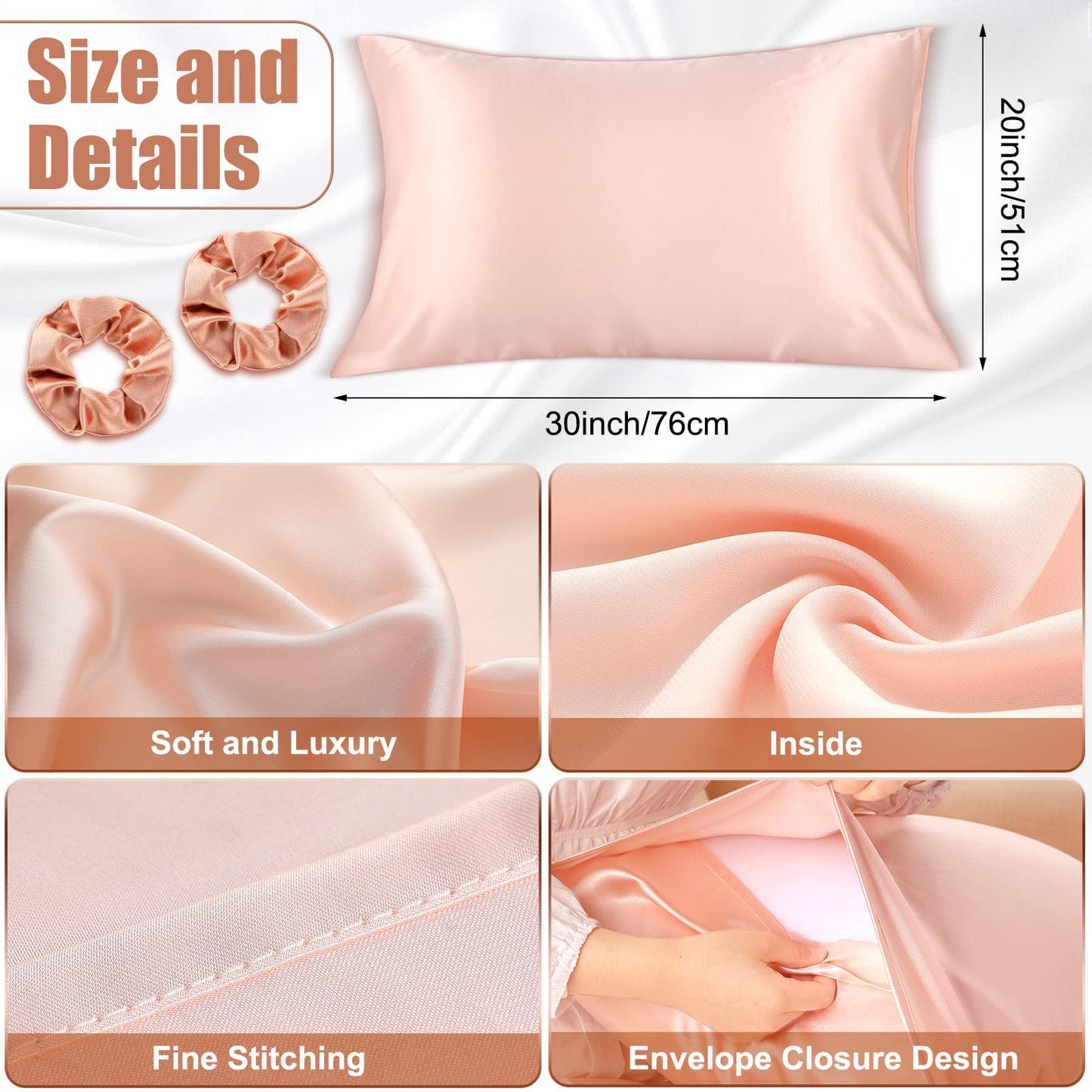 6 Pieces Silk Cap Silk Pillowcase Set, Silk Sleeping Bonnet Silk Hair Wrap Silk Pillow Cases Silk Hair Scrunchies Silk Hair Ties Elastic Silk Ponytail Holders for Women Girls (Rose Gold, Pink)