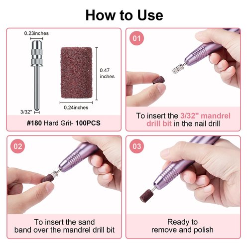 COSLUS Nail Drill Bits Sanding Bands: 101 Pcs Drill Bits for Nails 180 Fine Grit Set Nail File Sanding Bands Professional for Acrylic Nails Dip Powder Gel Manicures and Pedicure