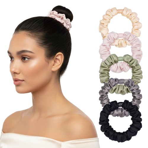 Satin Hair Ties Scrunchies for Women Ponytail Holder No Crease Thin Elestics Hair Scrunchie for Thick Curly Hair Sleep Daily Wear Hair Accessories 5 Pcs