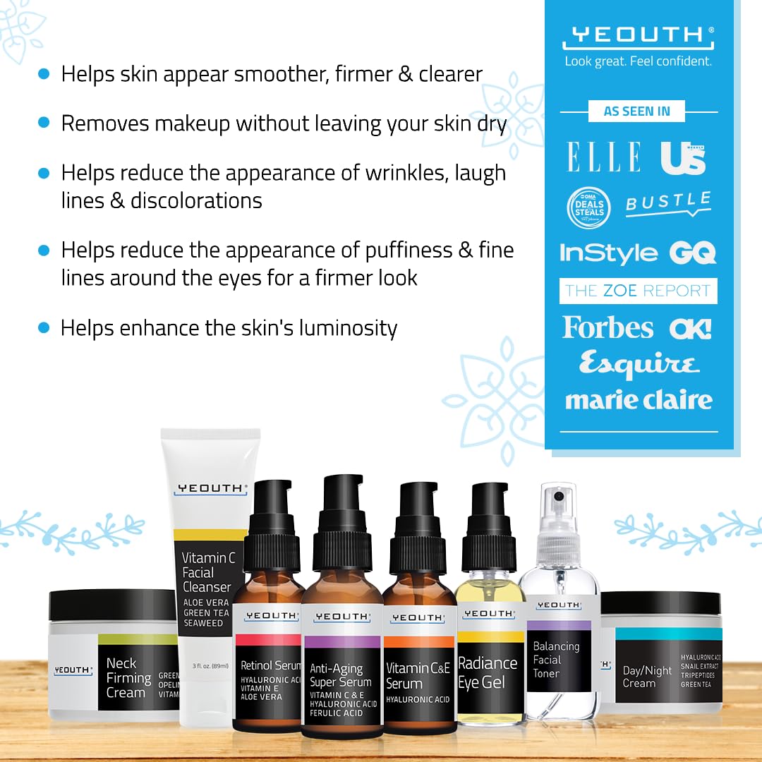 YEOUTH Skincare Set - 8-Piece Anti-Aging Kit with Retinol Serum, Hyaluronic Acid & Vitamin C