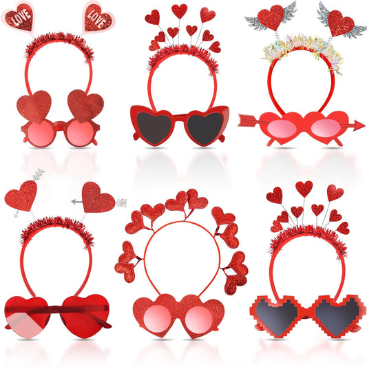 12 Pcs Heart Headbands and Heart Sunglasses, Valentine's Day Heart Boppers, Cupid Hair Hoop Heart Eyeglasses Headwear Headdress, Valentine's Costume Accessories