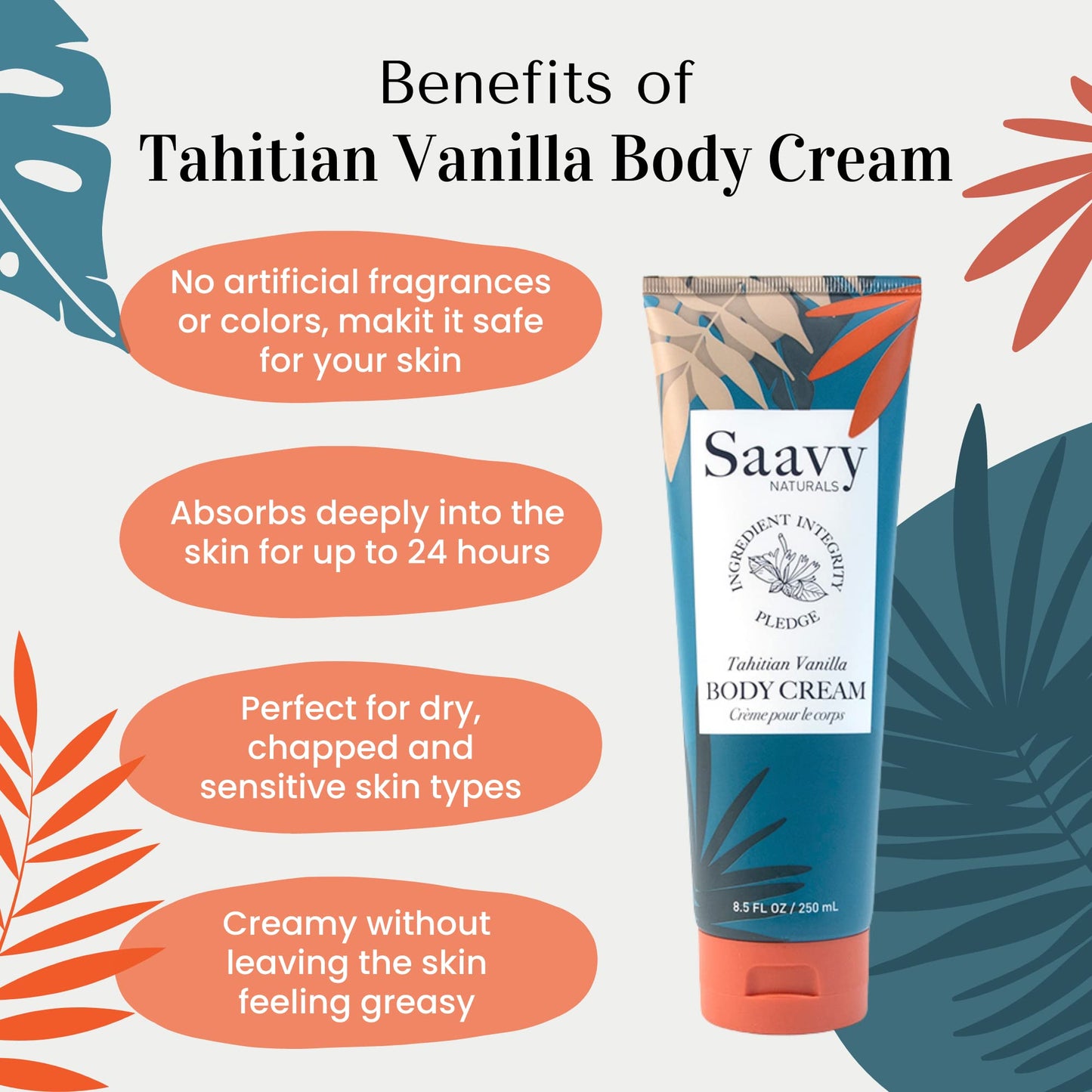 Saavy Naturals Tahitian Vanilla Body Cream for Men & Women, Absorbent Shea Butter Vegan Formula, Thick and Creamy, Naturally Scented Body Lotion for Dry Skin, 8.5 Oz, 2 Pack. Made in the USA