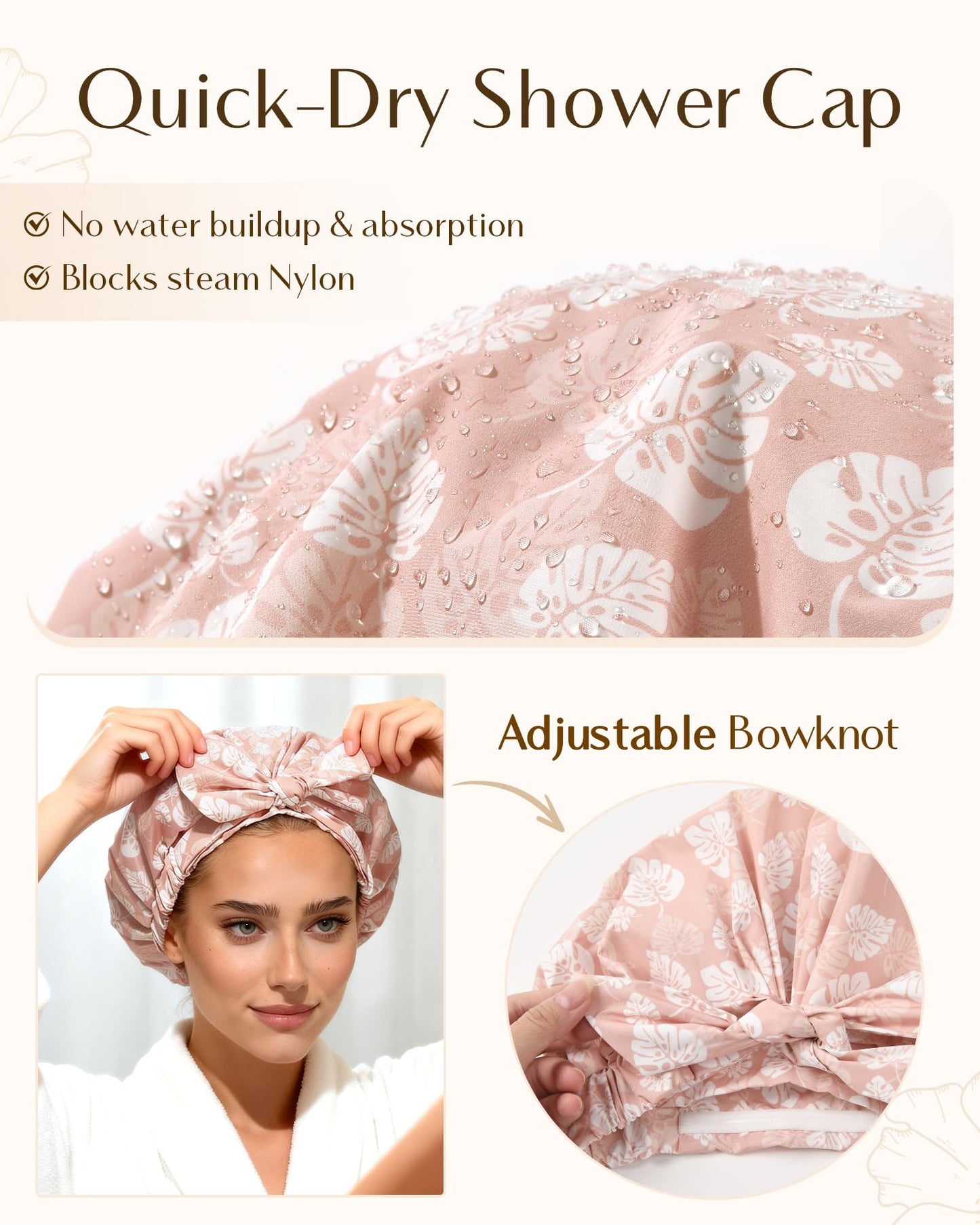 Yanibest Shower Cap for Women Reusable Waterproof, Adjustable Non-Slip Shower Hair Cap, Washable Bath Hat for Long Hair