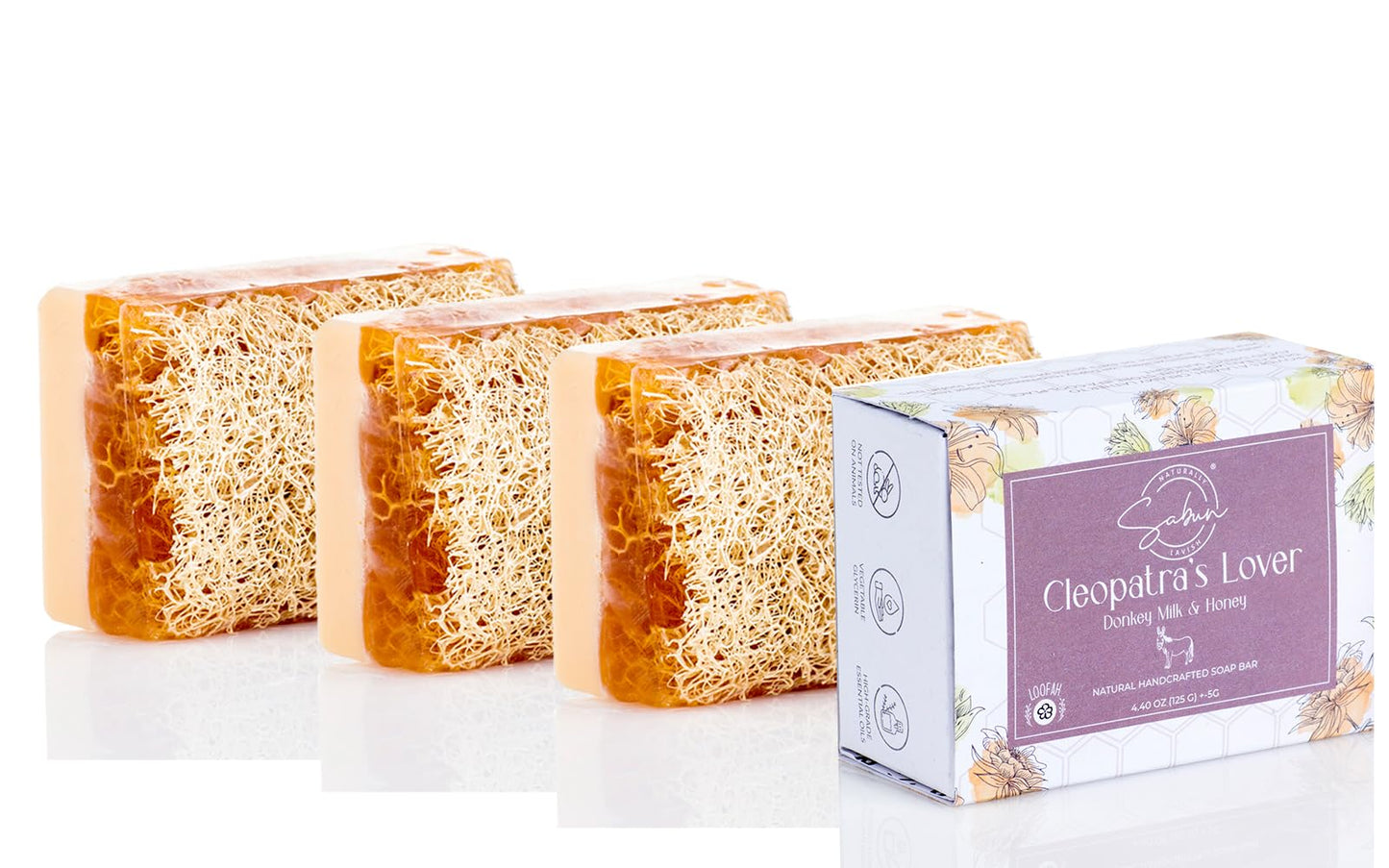SABUN CO. [3 Pack] Donkey Milk Soap with Honey - Natural Exfoliating Loofah Soap Bar Nourishing, Hydrating, Moisturizing Handmade Soap For Face and Body - With Loofah [4.4 oz - 125 gr x 3]