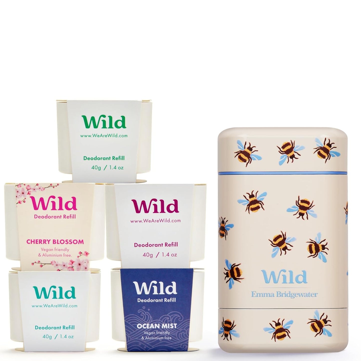 Wild - Aluminum Free Deodorant Starter Kit for Women | Refillable Stick with Bee Print Case & Vegan Refills - 5 x 1.4oz