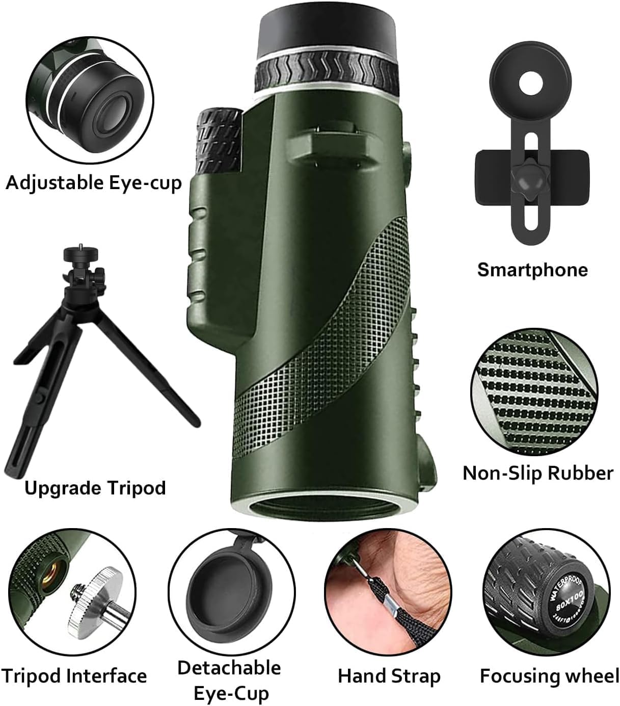 Monocular-Telescope 80x100 High Powered Monoculars High Definition for Adults High Powered with Smartphone Adapter Telescope Hunting Wildlife Bird Watching Travel Camping Hiking-Green