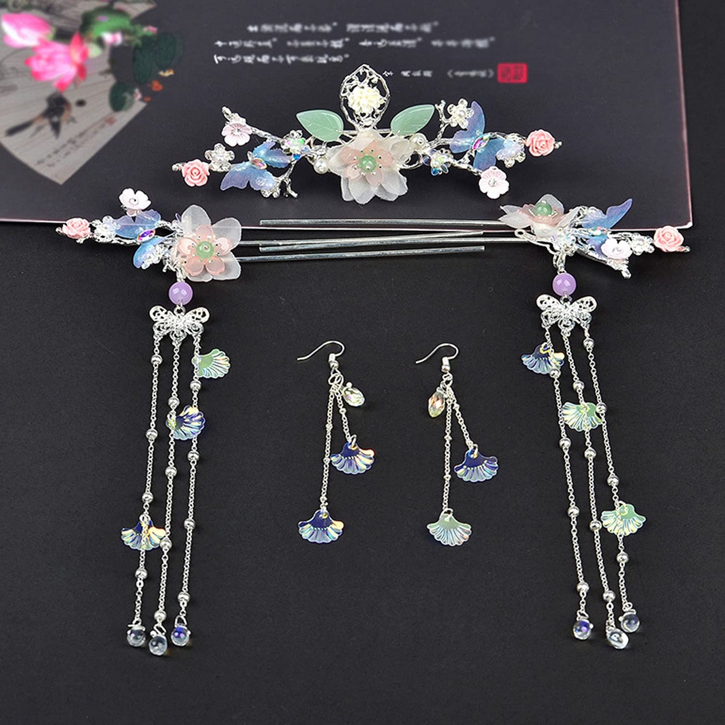 Alloy Hair Sticks Pins,female Long Tassel Hanfu Chinese Hair Comb/Earrings Set female Traditional Classical (Style A)