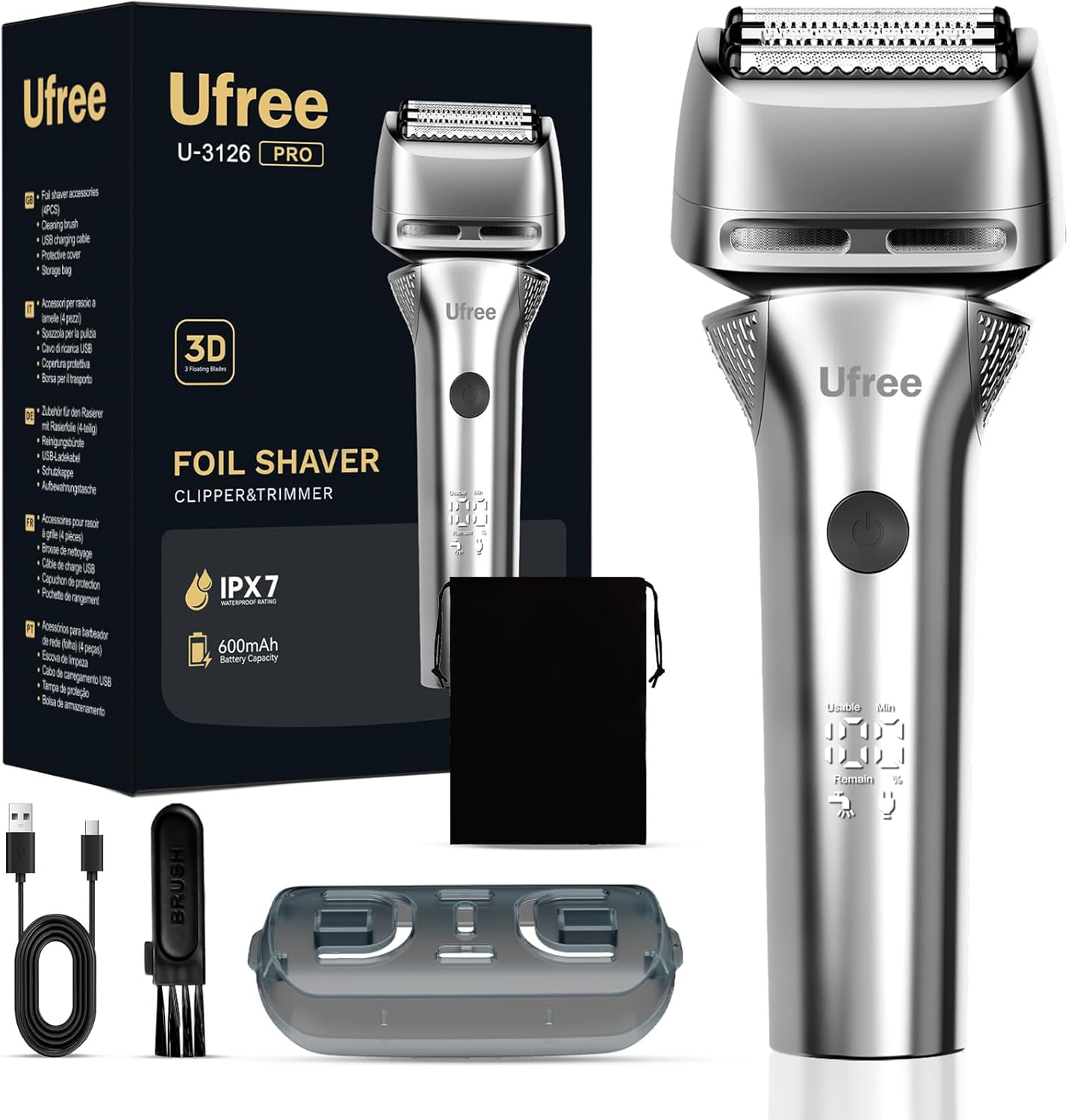 Ufree Foil Shaver - 8,500 RPM Electric Razor for Men | Wet & Dry, Rechargeable, IPX7 Waterproof, Silver