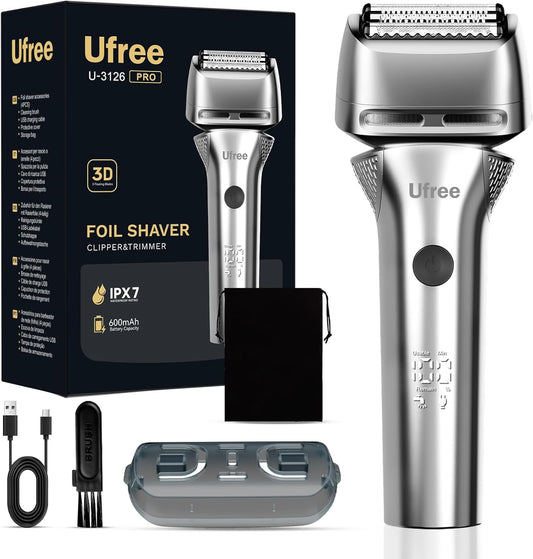 Ufree Foil Shaver - 8,500 RPM Electric Razor for Men | Wet & Dry, Rechargeable, IPX7 Waterproof, Silver