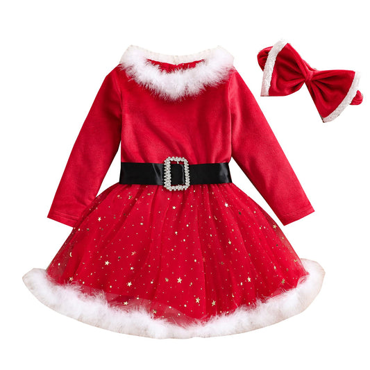 Baby Girls Christmas Dress Velvet Santa Claus Romper Dress Long Sleeve Plush Xmas Princess Party Cosplay Costume Dress (A-Red, 12-18 Months)