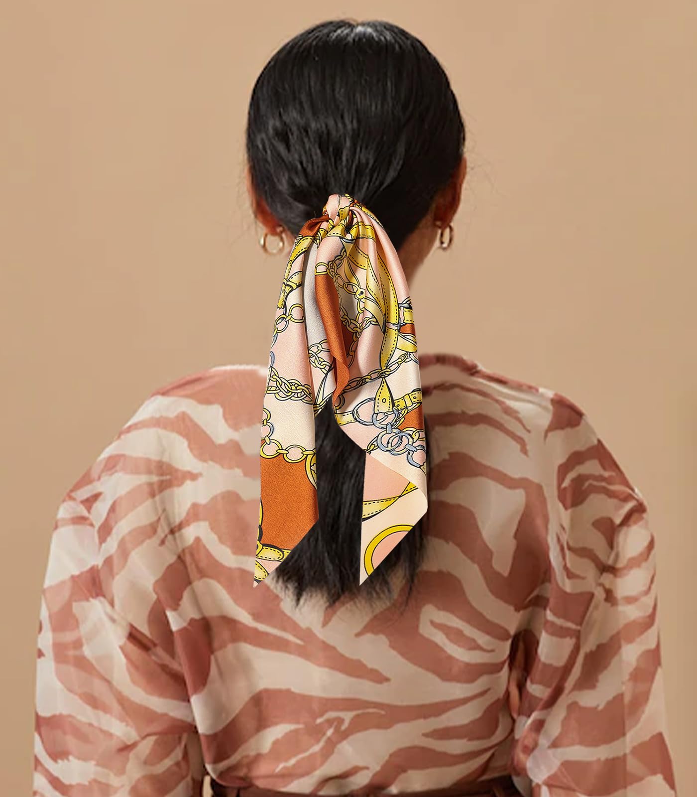 LFOUVRE 4pcs Chain Satin Hair Accessories - Ribbon Scrunchies with Long Tails, Knotted Hair Bands and Elastic Ties for Girls