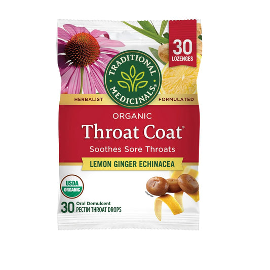 Traditional Medicinals Organic Throat Coat Lozenges - Lemon Ginger Echinacea for Sore Throat Relief | 30 Individually Wrapped