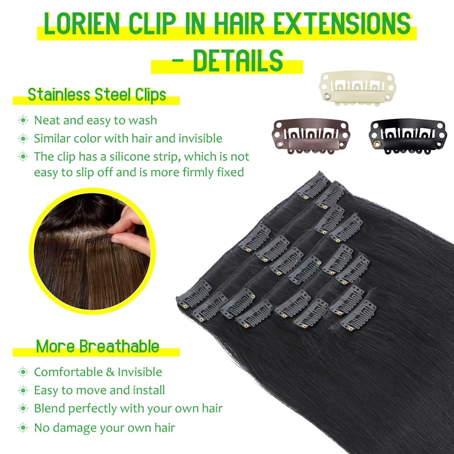 LORIEN Clip in Hair Extensions Real Human Hair, 16 Inch 90g, 1 Jet Black, Clip in 100% Brazilian Remy Human Hair Extensions 8pcs Per Set with 18 Clips Double Weft
