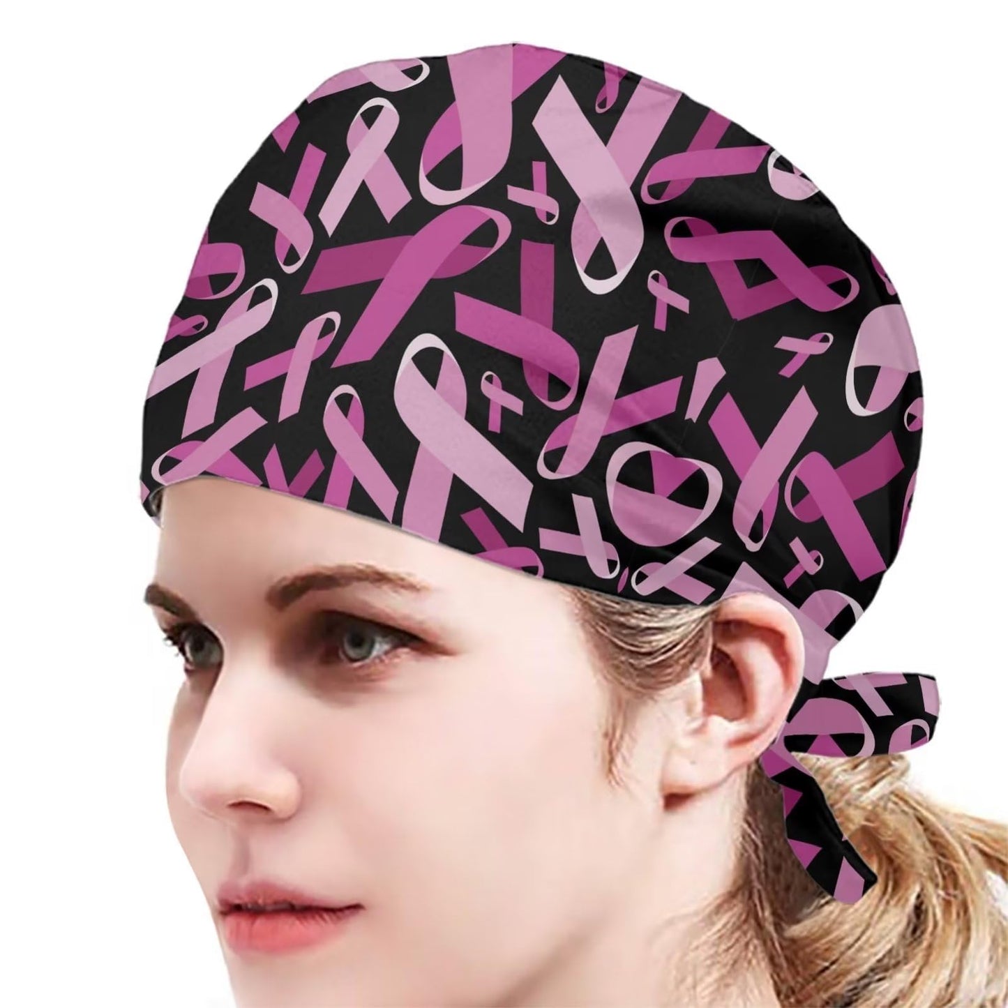 JEOCODY Pink Breast Cancer Pins Scrub Cap for Women Working Hat with Sweatband Breathable Headgear Cap for Work Universal Fit One Size