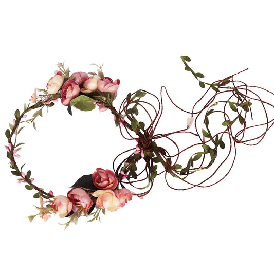 LLinfflr Vine Flower Crown Boho Flower Headband Hair Wreath Floral Halo Headpiece with Ribbon Wedding Party Photos Pink