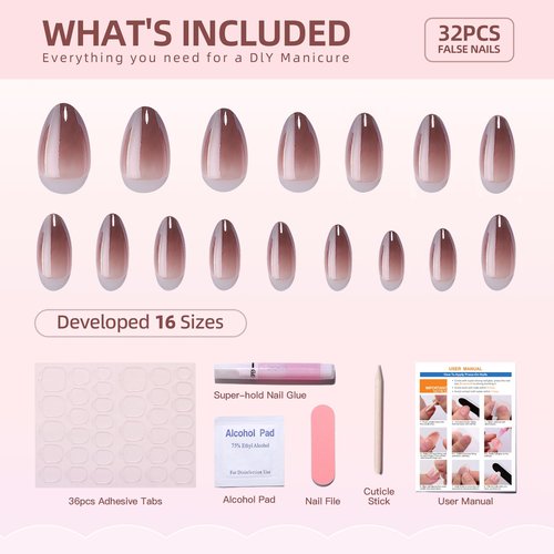 RTKHFZE Press On Nails Medium - Supremely Fit & Natural Soft Gel Glue On Nails with Nail Glue, Reusable Stick On Nails in 16 Sizes - 32 Fake Nails Kit, Brown Gradient