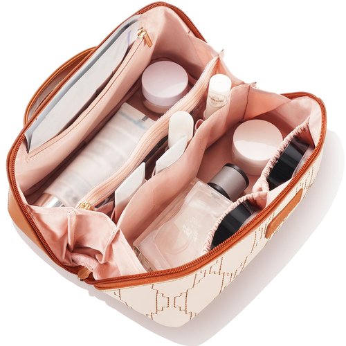 Cozomga PU Leather Travel Makeup Bag for Women, Large Capacity Cosmetic Organizer, Structured Waterproof Travel Toiletry Bag, Portable Handheld Makeup Pouch for Home & Travel (Medium)
