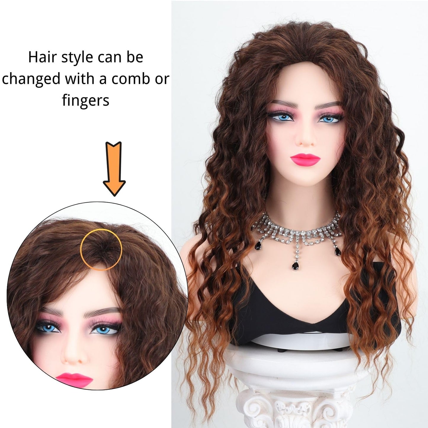 Fencca Brown Ombre Blonde Long Curly Wigs for Women Heat Synthetic Free Part Wave Curly Wig Strawberry Blonde Loose Curly Wigs for Daily Party