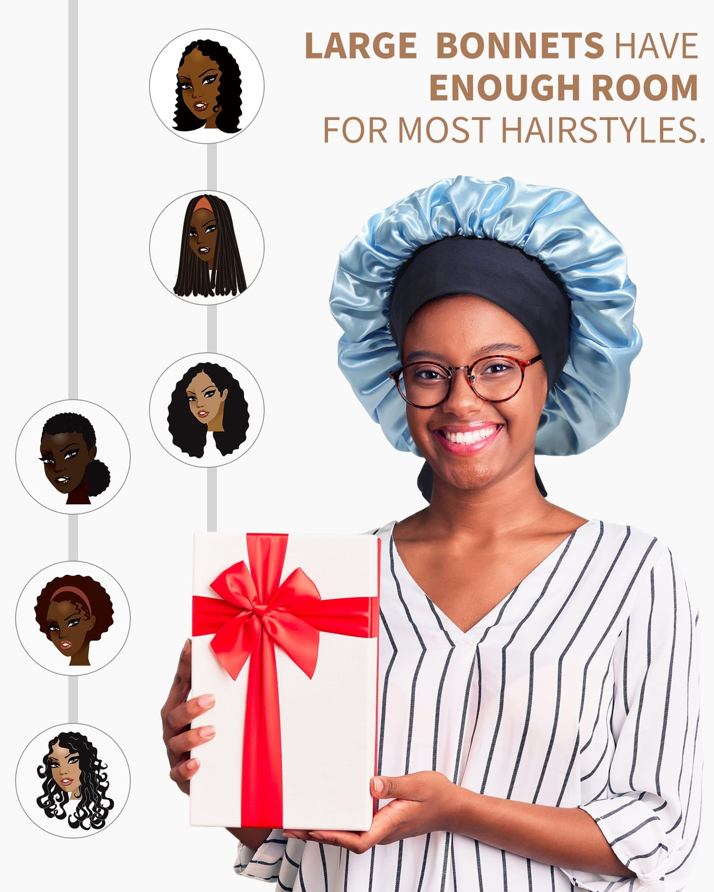 Satin Bonnet for Women Silk Bonnets for Sleeping Curly Hair Bonnet with Elastic Tie Band Reversible Double Layer Sleep Cap Hair Wrap (Navy Blue+Light Blue)