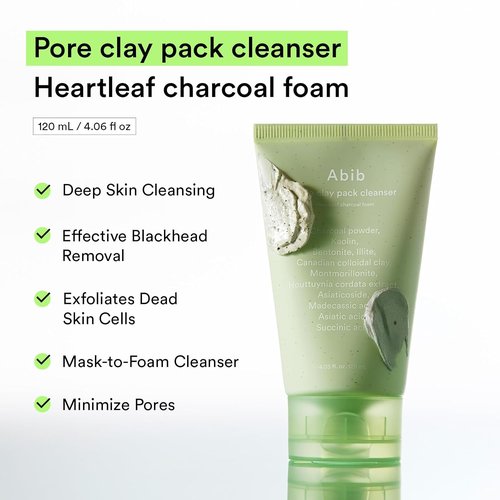 Abib Pore Clay Pack Cleanser - Heartleaf Charcoal Foam for Oil Control | 4.05 fl oz, Unscented