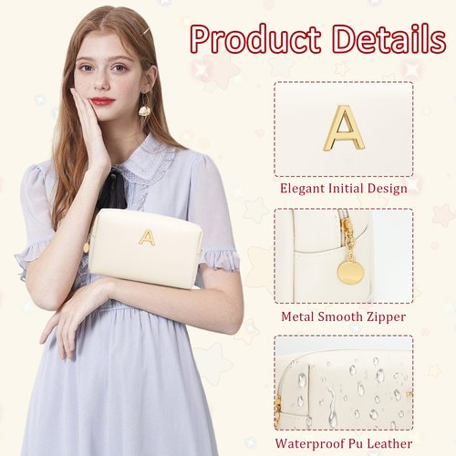 CLOUDWINGS Gifts for Women Bridesmaid Gifts Personalized Initial Makeup Bag PU Leather Cosmetic Waterproof Travel Toiletry Bag (Beige A)