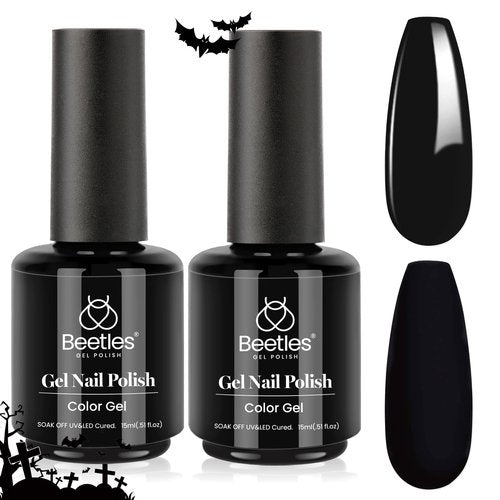 Beetles Black Gel Polish 2Pcs 0.51Fl.OZ Pure Black Gel Nail Polish Set 15ml Dark Base Color Soak Off Uv Nail Lamp Art Manicure DIY Design Gift for Women Long Nights Collection