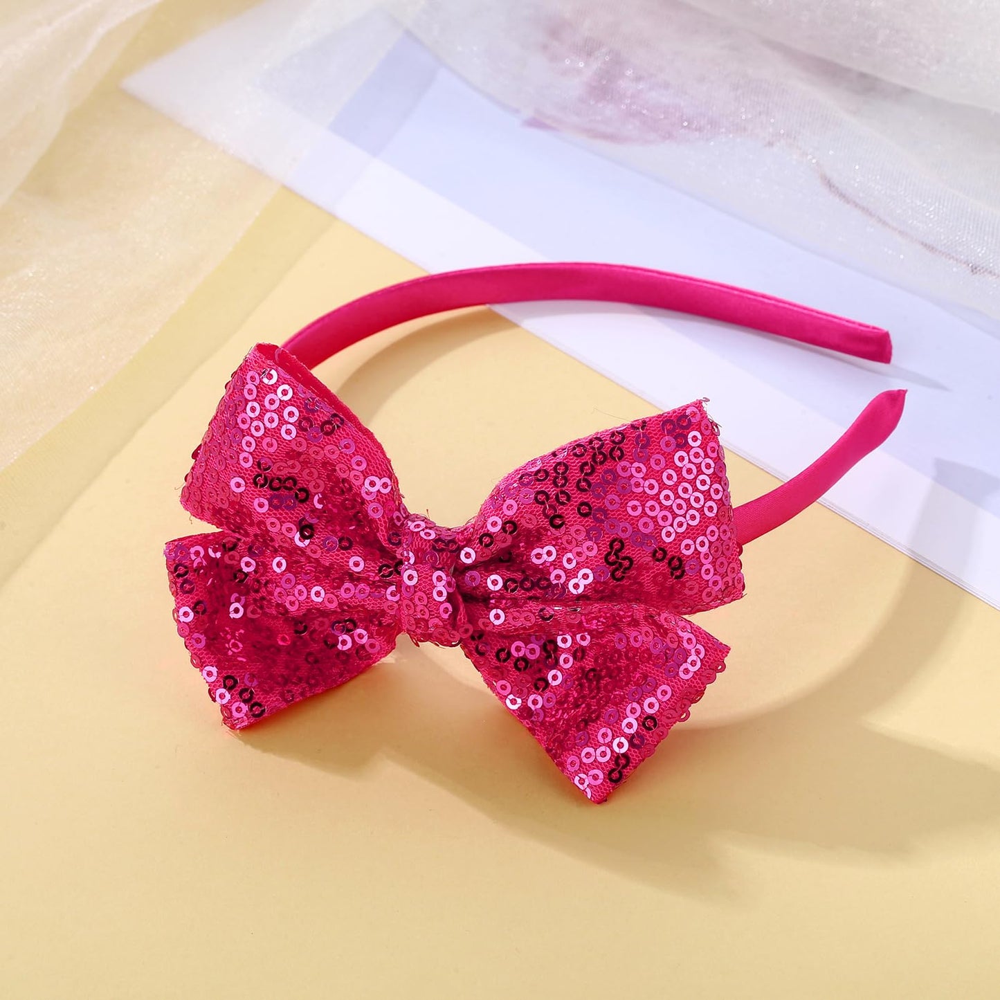 Kiszu Sparkly Sequin Hair Bow Headband for Girls, Kids, and Toddlers - Fashion Cute Boutique Style Hair Accessory - 1 Piece (Hot Pink)