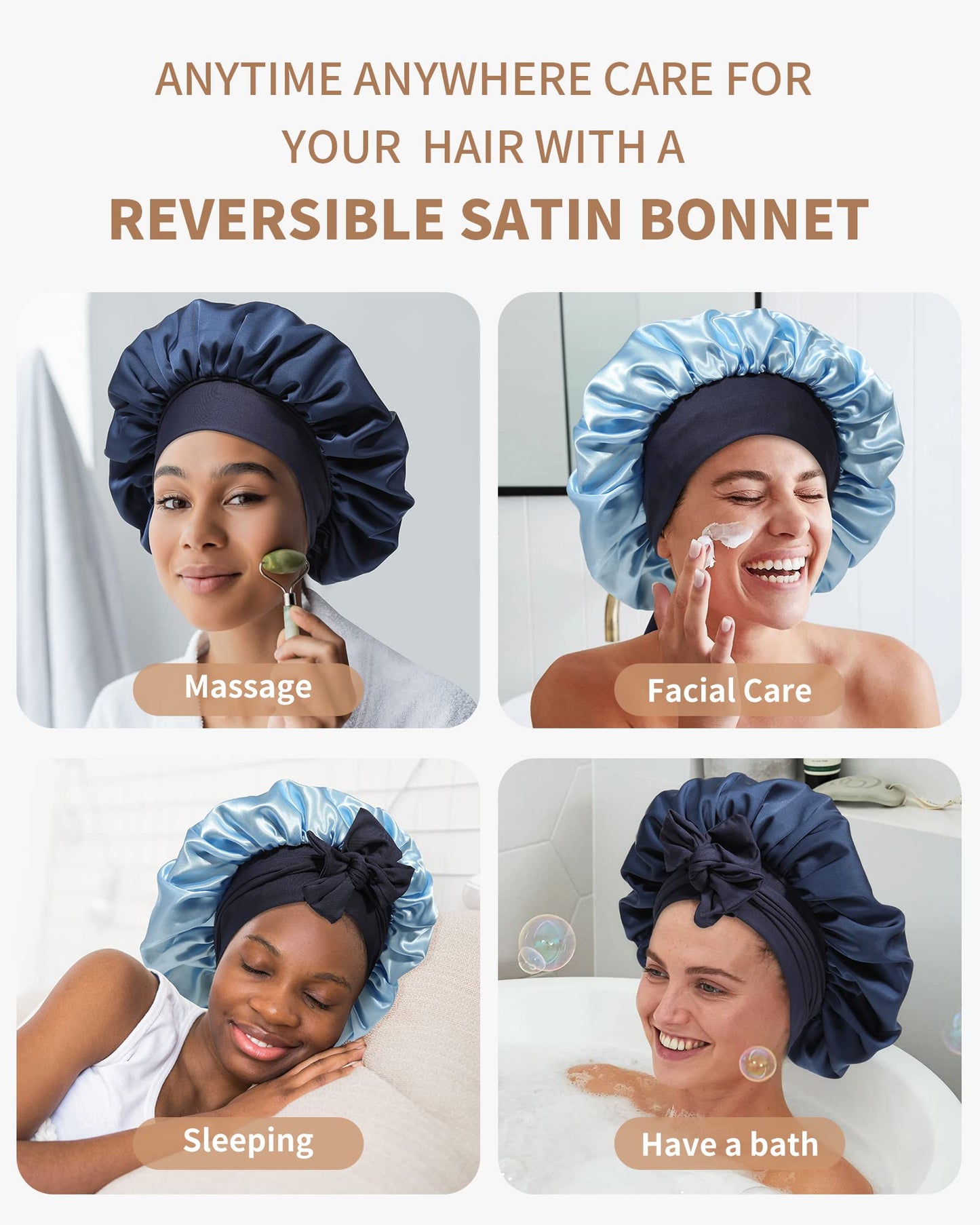 Satin Bonnet for Women Silk Bonnets for Sleeping Curly Hair Bonnet with Elastic Tie Band Reversible Double Layer Sleep Cap Hair Wrap (Navy Blue+Light Blue)