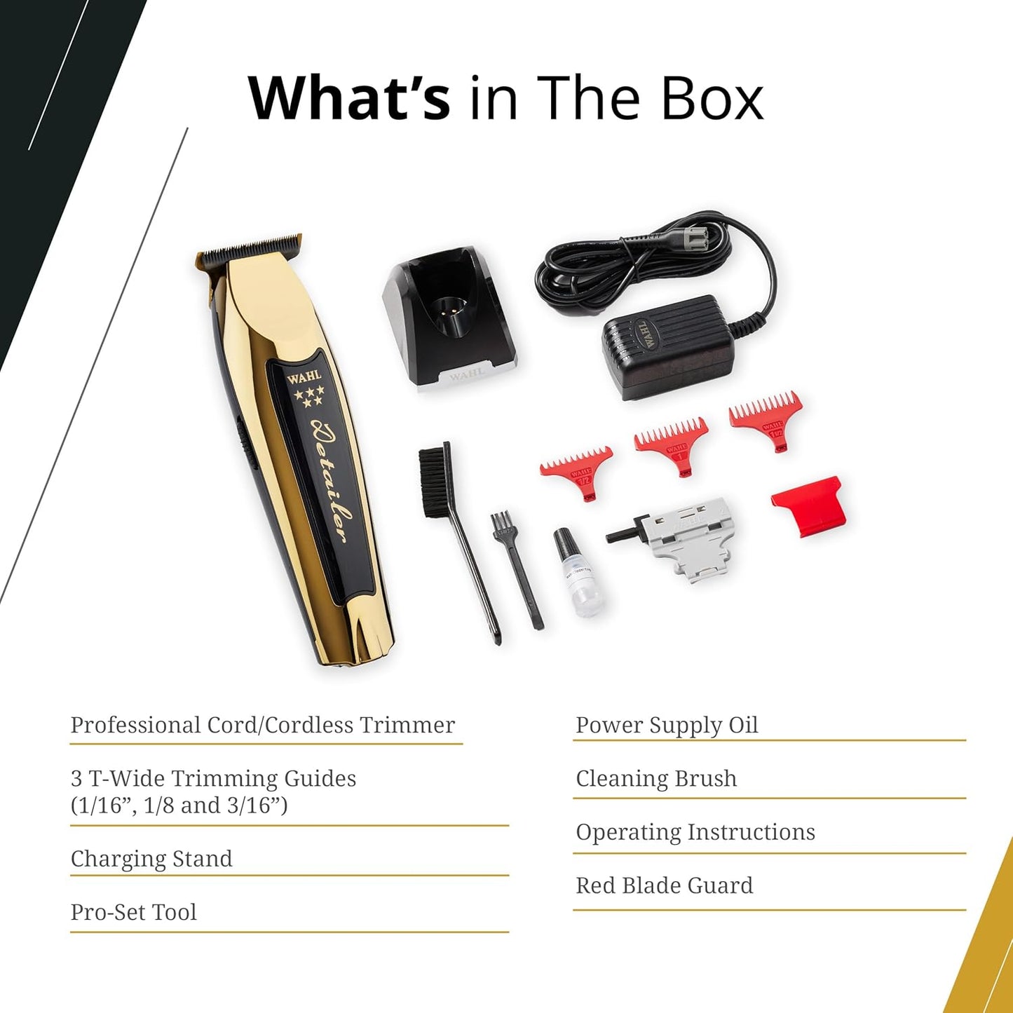 Wahl Professional 5 Star Cordless Detailer Li Trimmer - T Wide Blade, 100 Min Runtime, Charging Stand
