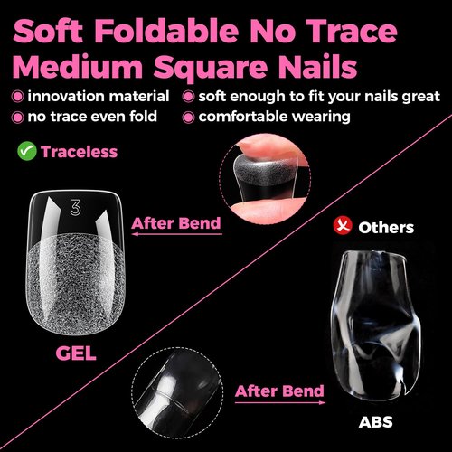 UNA GELLA Gel Nail Tips Square Short, 15 Sizes Short Square Press on Nails Pre Etched 300pcs Soft Gel Fake Nails Full Cover For Nail Extension Home DIY Salon for Flat & Curved Nail Beds