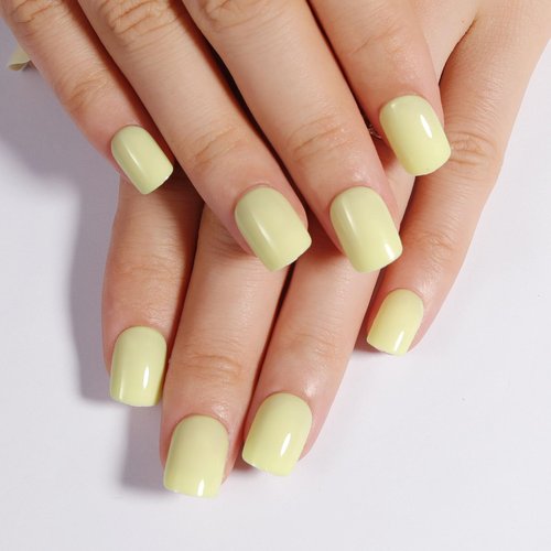 Stbisen Cream Yellow Press On Nails Short, Glossy Soft Gel Press On Nails Square with Nail Glue, 15 Sizes - 30 Fake Nails Kit, Thick Natural Reusable Glue On Nails for Women, Butter Bliss