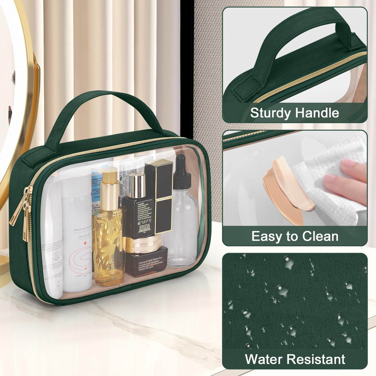 Wedama TSA Approved Toiletry Bag, 2 Pack Clear Makeup Bags with Handles, Quart Size Clear Toiletry Bags, PVC Cosmetic Bags for Women and Men, Carry on Airport Airline Compliant Bag, Dark Green