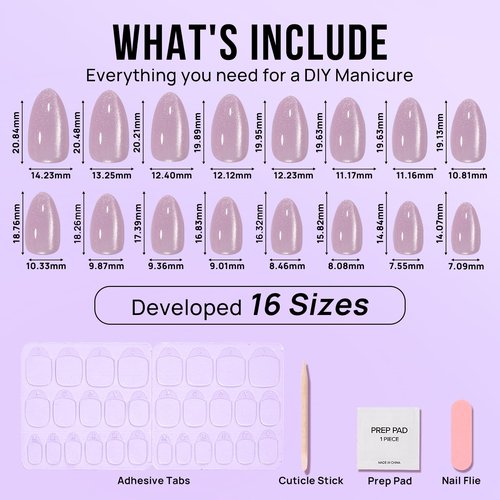 BTArtbox Press On Nails Almond - Short Soft Gel Fake Nails with Nail Glue, Opaque Reusable Stick On Nails in 16 Sizes - 32 Nail Kit, Falling Star Cat Eye