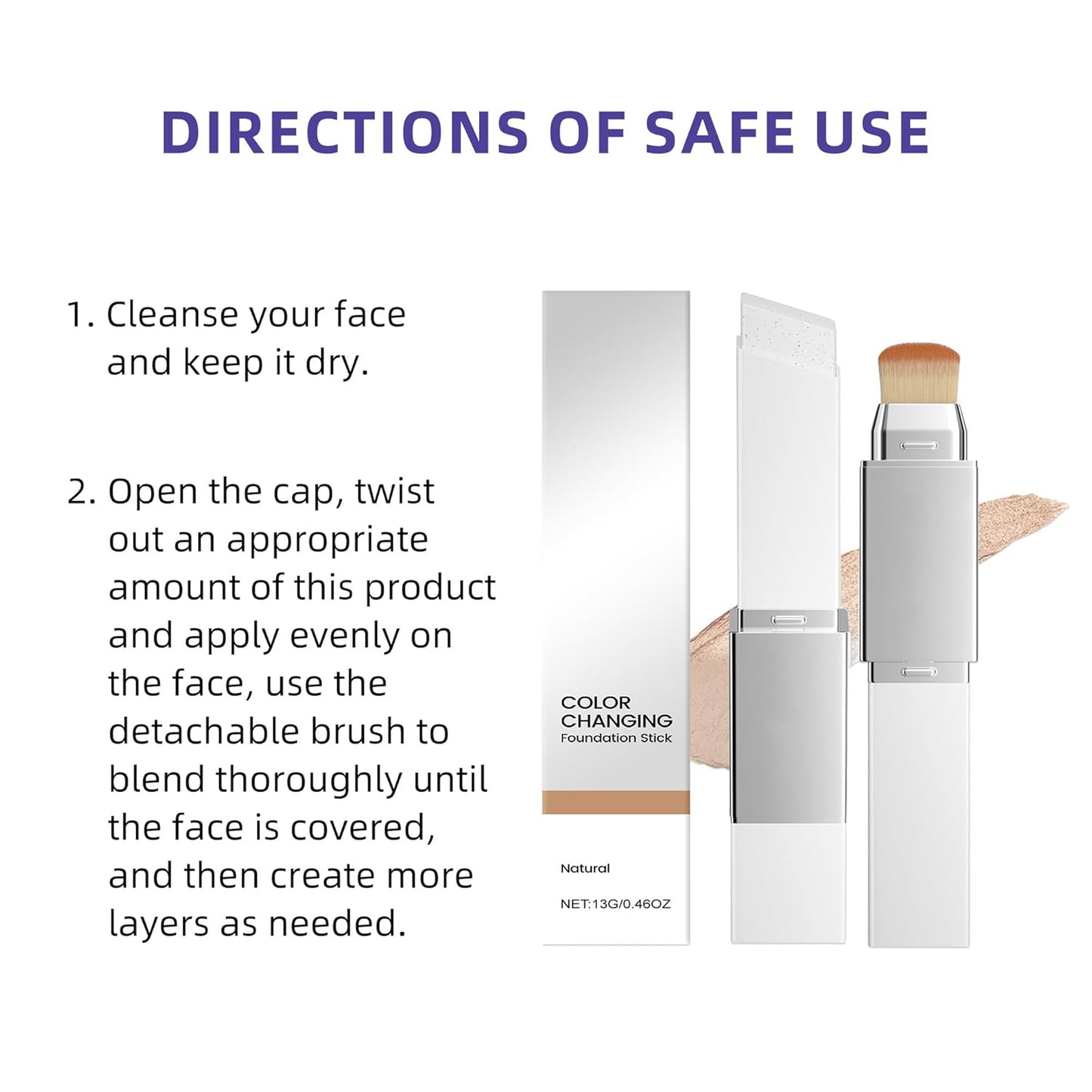 Skiennix Color Changing Foundation Stick - 2-in-1 Hydrating Concealer with Detachable Brush | Portable Daily Makeup (Natural, 13g)
