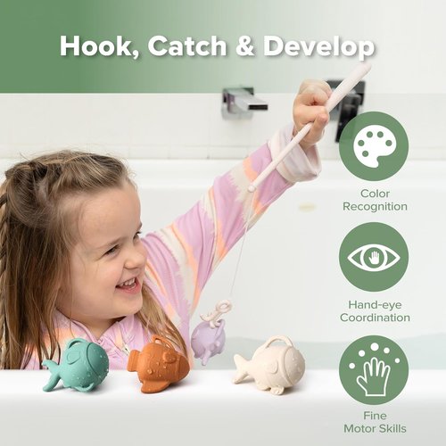haakaa Baby Bath Fishing Toy Set, Mold Free Food Grade Silicone Bathtub Fishing Toy for Toddler & Kids Ages 3-5, BPA-Free Floating Bath Tub Toys for 3 Years+