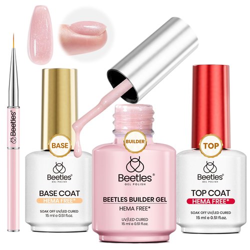 Beetles HEMA Free Builder Gel for Nails, 3 Pcs Glitter Pink Builder Nail Gel with Gel Top and Base Coat Set for Gel Polish Long Lasting Strengthening Safe Low-Sensitivity Formula Nail Gifts for Women