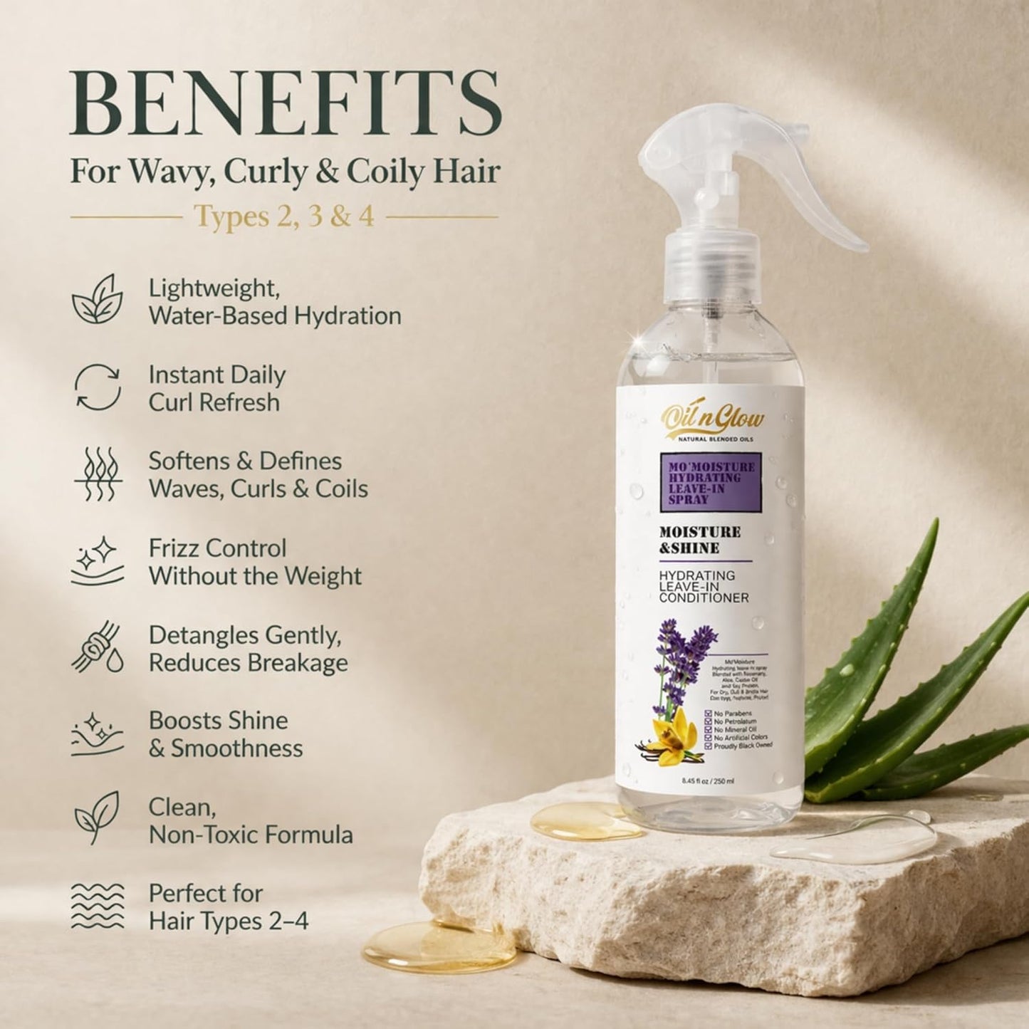 Skiennix Lightweight Leave-In Conditioner Spray - Rosemary & Castor Oil for Type 2-4 Hair | 8.45 Fl. Oz