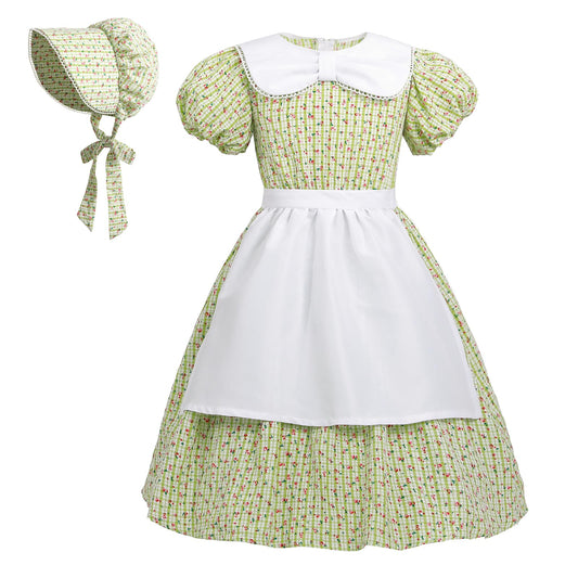 LTAKK Prairie Dresses Girls Pioneer Colonial Costume Girl Pilgrim Dress with Apron and Bonnet, Green Plaid Floral, Large