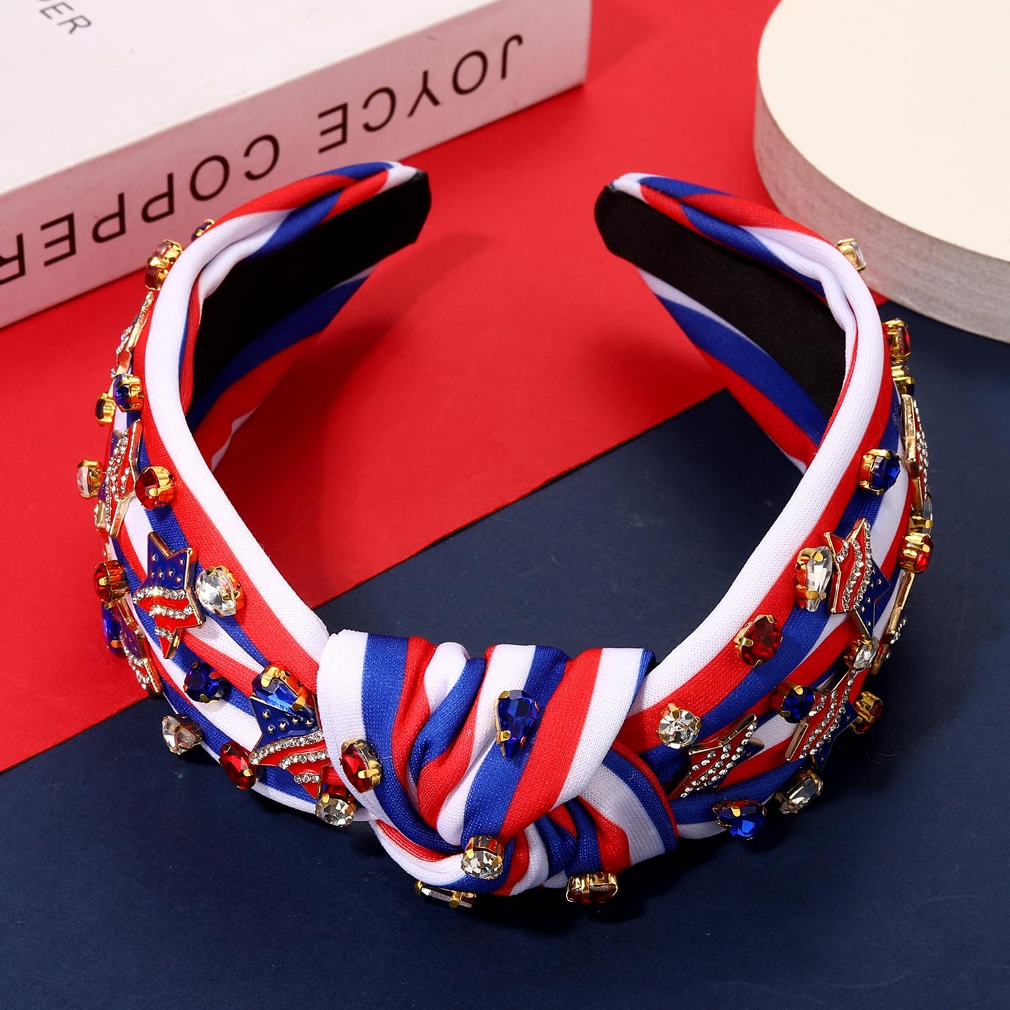 YAHPERN American Headband for Women 4th of July Headband USA Star Knotted Headband Embellished Crystal Wide Top Knot Headband Independence Day Outfits Accessories (Star 3)