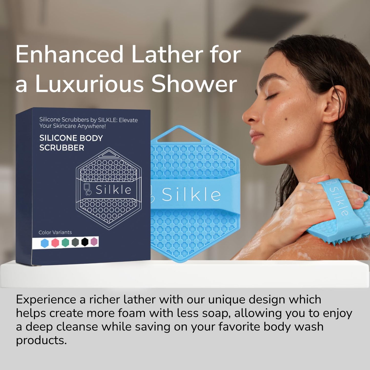 SILKLE Silicone Body Scrubber - Exfoliating Bath Brush and Skin Cleanser - Shower Sponge for Gentle Body Scrub and Wash - Silicone Scrubbing Care Tool for a Refreshed and Renewed You - Blue