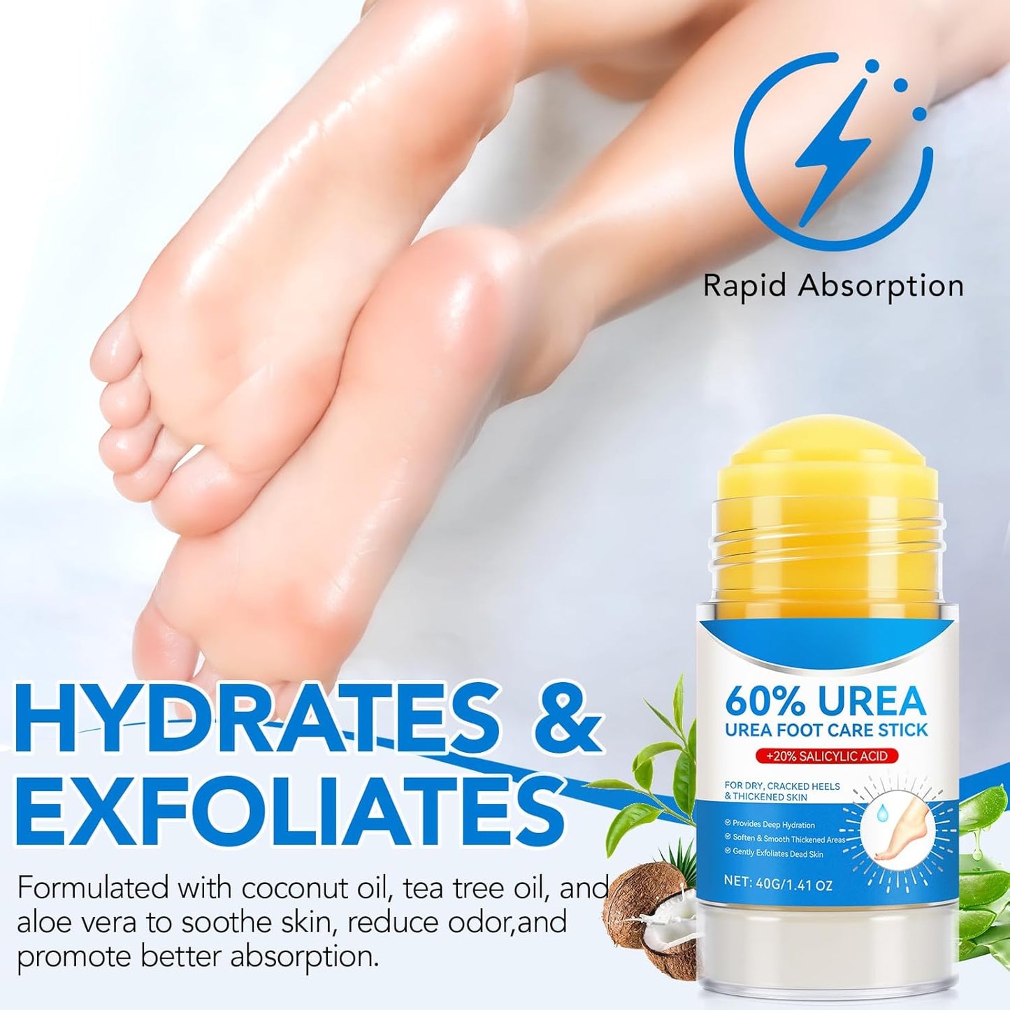 Skiennix Urea Foot Cream Stick - 60% Urea & 2% Salicylic Acid for Dry Cracked Skin | 1.41 oz Hydrating Moisturizer