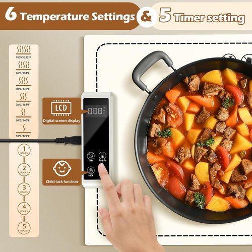 PIGLOG Electric Warming Tray - Fast Heating with 6 Temperature Settings | Versatile Food Warmer (White, 24x15)