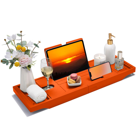 SMIRLY Bathtub Tray Caddy - Expandable Bamboo Bath Tray, Bathtub Accessory, House Warming Gifts New Home, Wedding Gifts for Couple, Birthday Gifts for Women.