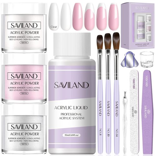 SAVILAND Acrylic Nail Kit for Beginners - Clear, White & Pink Powder, 1.7 fl oz Liquid, 100 Nail Forms